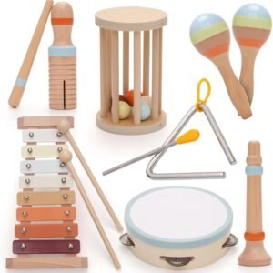 Baby Musical Instruments,Montessori Wooden Percussion Instruments Toy for Toddlers1-3, with Modern Boho Xylophone Tambourine for Kids Preschool Educational 3+ Christmas Birthday Gifts
